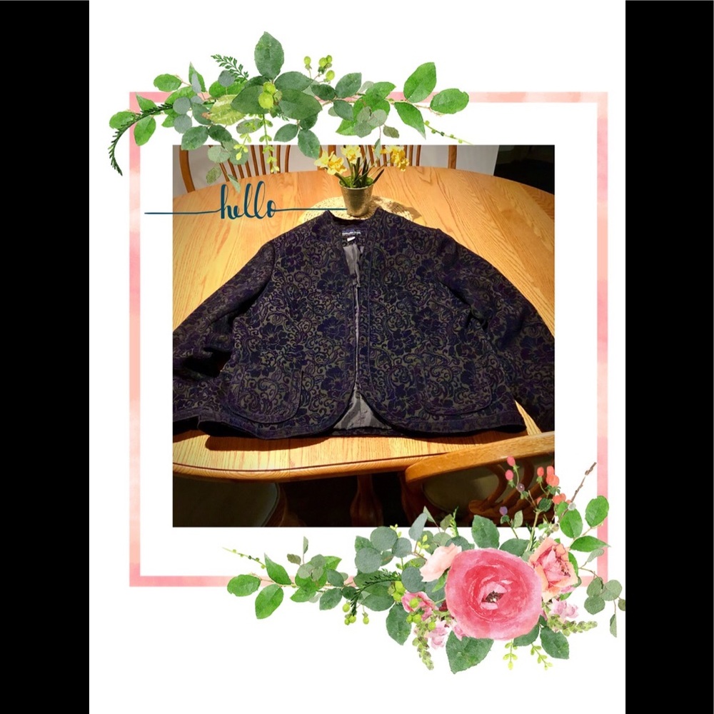 One of my favorite jackets! Eggplant corduroy in a floral motif, fully lined.